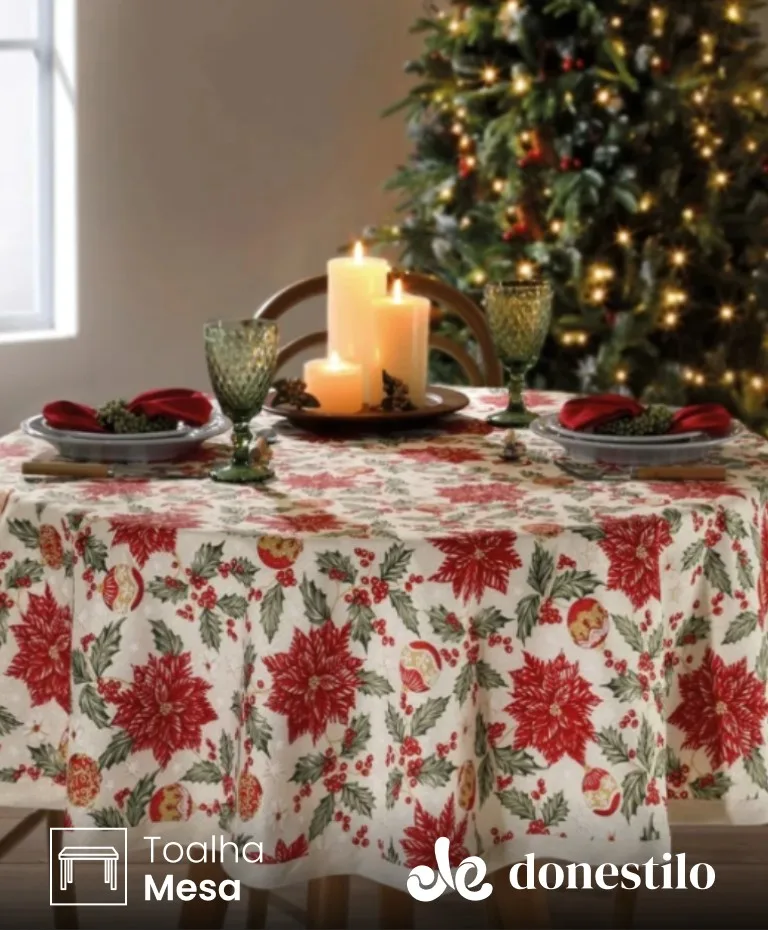 Toalha de Mesa Redonda Döhler 4 lugares Celebra Natal 106 medidas 1,60 m